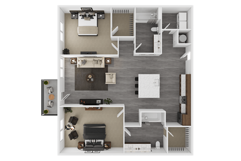a 3d floor plan of a bedroom with a desk and a chair